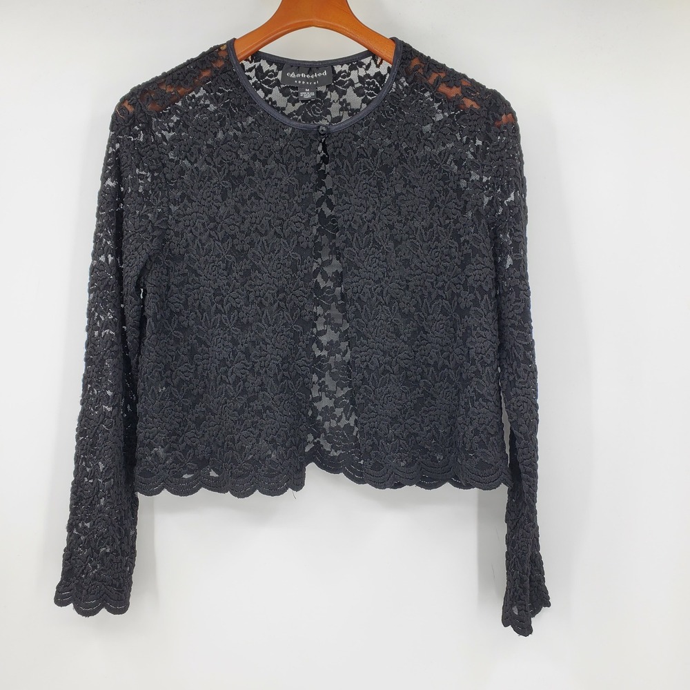 Connected Black Floral Lace Shrug Single Button Crop Cardigan M Goth Fairy Y2K